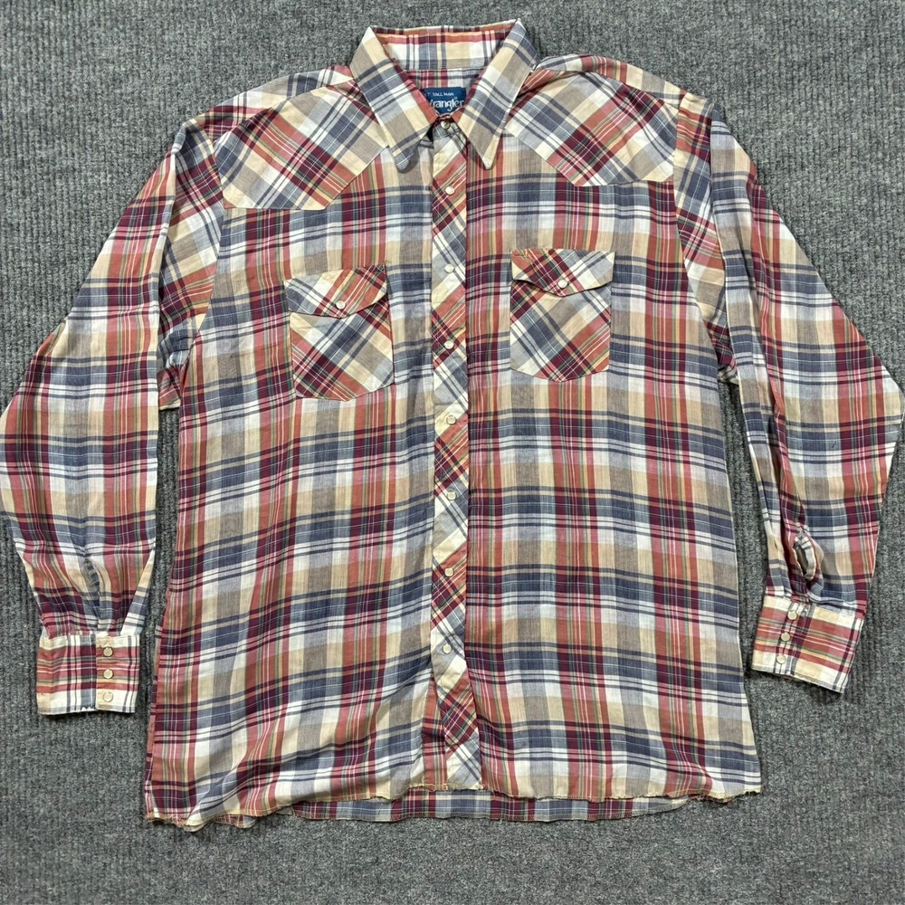 Wrangler Mens Western Shirt 2XT Tall Plaid Pearl Snap Cowboy Long Sleeve Vintage